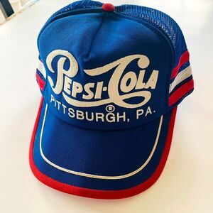 VINTAGE PEPSI-COLA 3‎ Stripe Red White Blue Snapback Trucker Hat Pittsburgh, PA